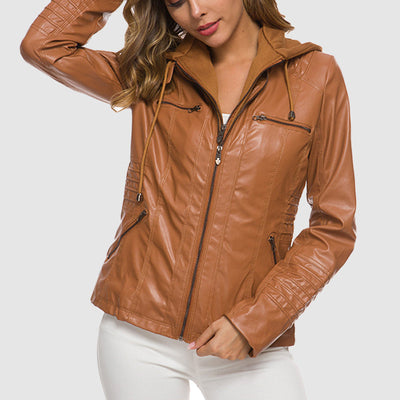 Elegante Lederjacke mit Kapuze und warmem Futter
