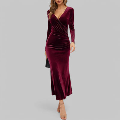 Sophia | Samtiges langen Ärmeln V Ausschnitt Maxikleid