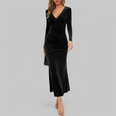 Sophia | Samtiges langen Ärmeln V Ausschnitt Maxikleid