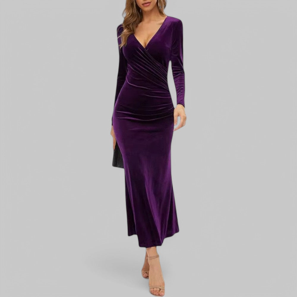 Sophia | Samtiges langen Ärmeln V Ausschnitt Maxikleid
