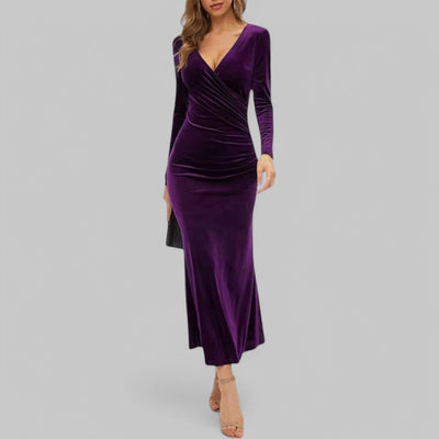 Sophia | Samtiges langen Ärmeln V Ausschnitt Maxikleid