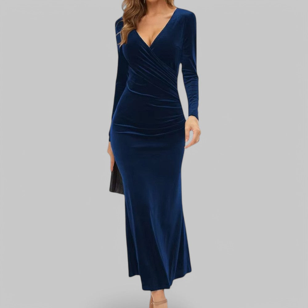 Sophia | Samtiges langen Ärmeln V Ausschnitt Maxikleid