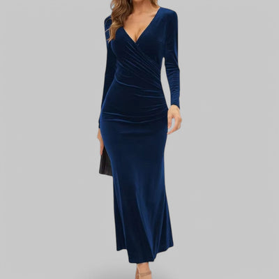 Sophia | Samtiges langen Ärmeln V Ausschnitt Maxikleid
