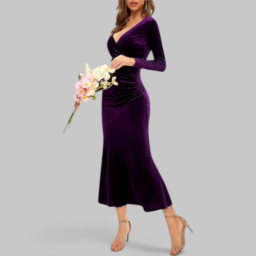 Sophia | Samtiges langen Ärmeln V Ausschnitt Maxikleid
