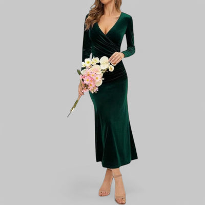 Sophia | Samtiges langen Ärmeln V Ausschnitt Maxikleid