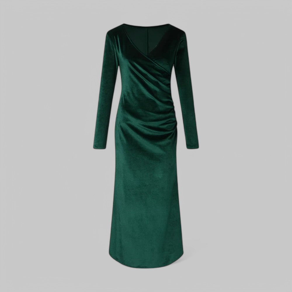 Sophia | Samtiges langen Ärmeln V Ausschnitt Maxikleid