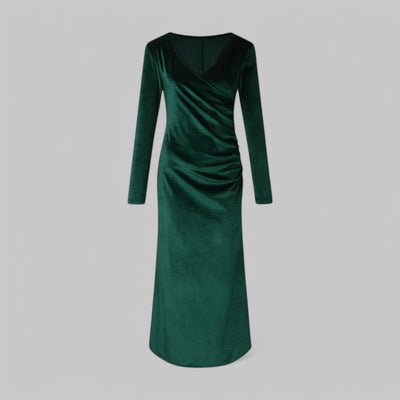 Sophia | Samtiges langen Ärmeln V Ausschnitt Maxikleid