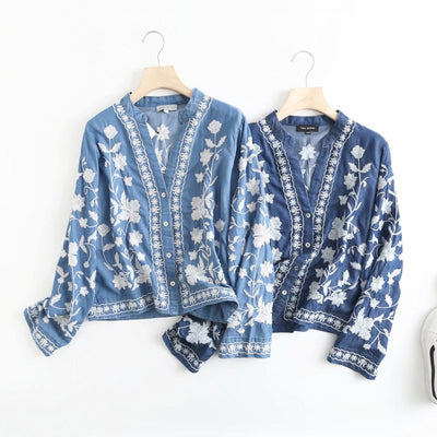 Denim Florale Stickerei-Jacke