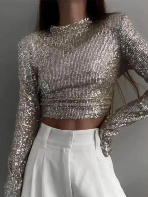 Karolin | Paillettenverziertes langärmliges Crop Top