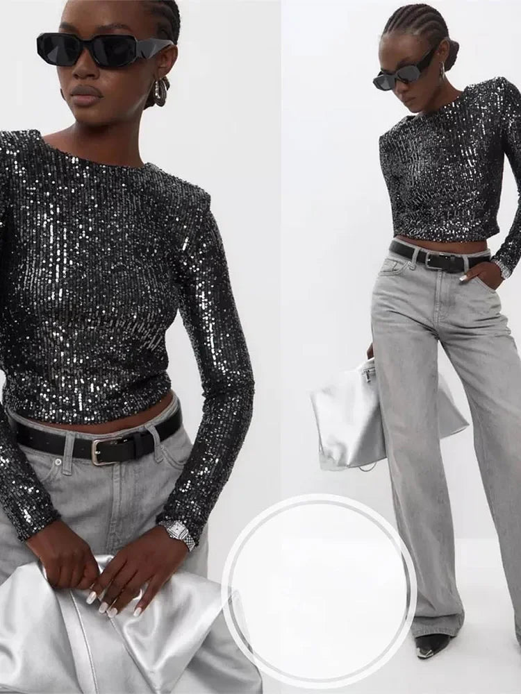 Karolin | Paillettenverziertes langärmliges Crop Top