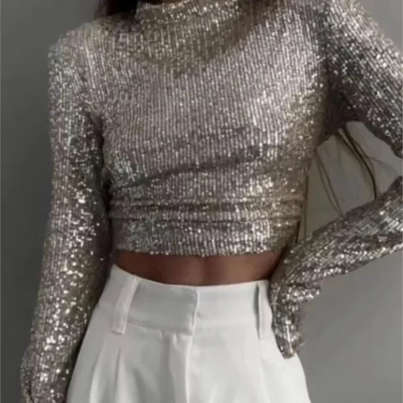 Karolin | Paillettenverziertes langärmliges Crop Top