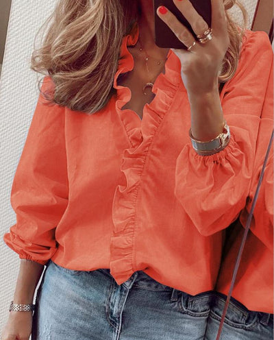 Katharina | Sommer bluse mit Rüschen und V Ausschnitt