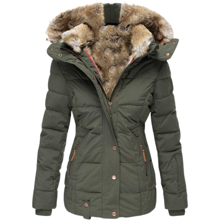 Grüner gesteppter Wintermantel mit Fellkragen - Laura