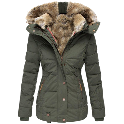 Grüner gesteppter Wintermantel mit Fellkragen - Laura