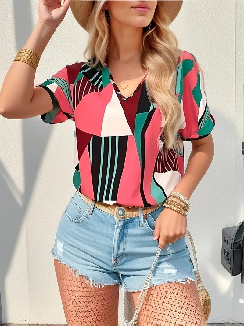 Pulsie  |  Colorblock Geometrischer Druck Roll Up Batwing Ärmel