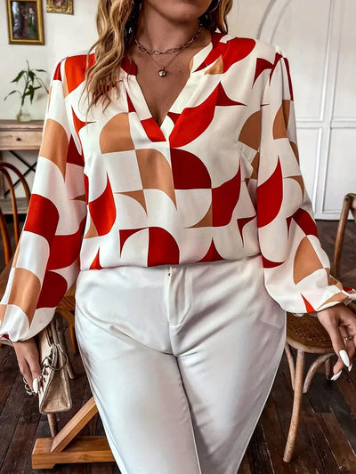 Germina  | Geometrische Druck Bluse lässig V-Ausschnitt lange Ärmel