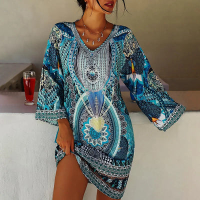 Blaues Boho-Kleid mit V-Ausschnitt und Muster - Yasmin