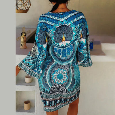 Blaues Boho-Kleid mit V-Ausschnitt und Muster - Yasmin