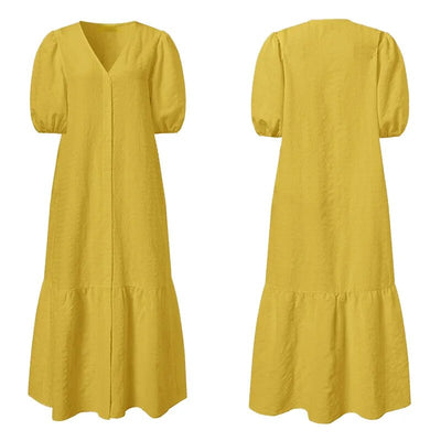 Gelbes Knitterkleid mit Puffärmeln - Clara