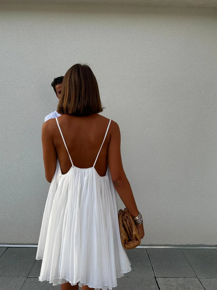 Olive - Plissiertes V-Ausschnitt Mini Strandkleid