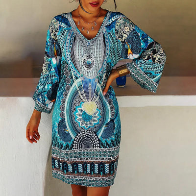 Blaues Boho-Kleid mit V-Ausschnitt und Muster - Yasmin