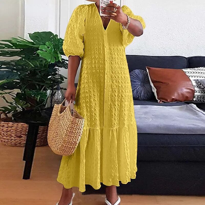 Gelbes Knitterkleid mit Puffärmeln - Clara