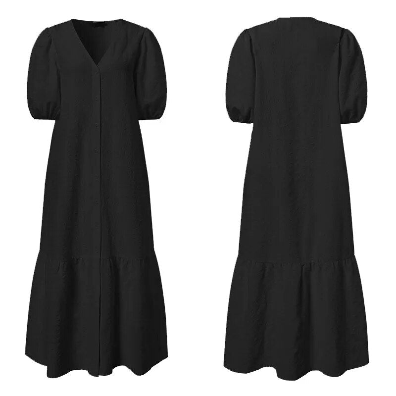 Gelbes Knitterkleid mit Puffärmeln - Clara
