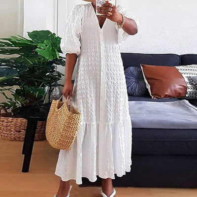 Gelbes Knitterkleid mit Puffärmeln - Clara