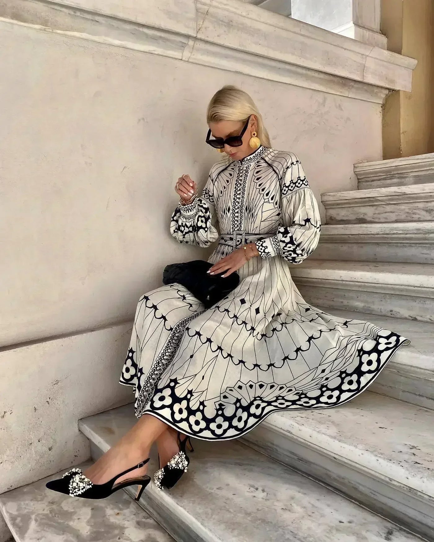 Eulalia - Retro Stehkragen Boho Kleid