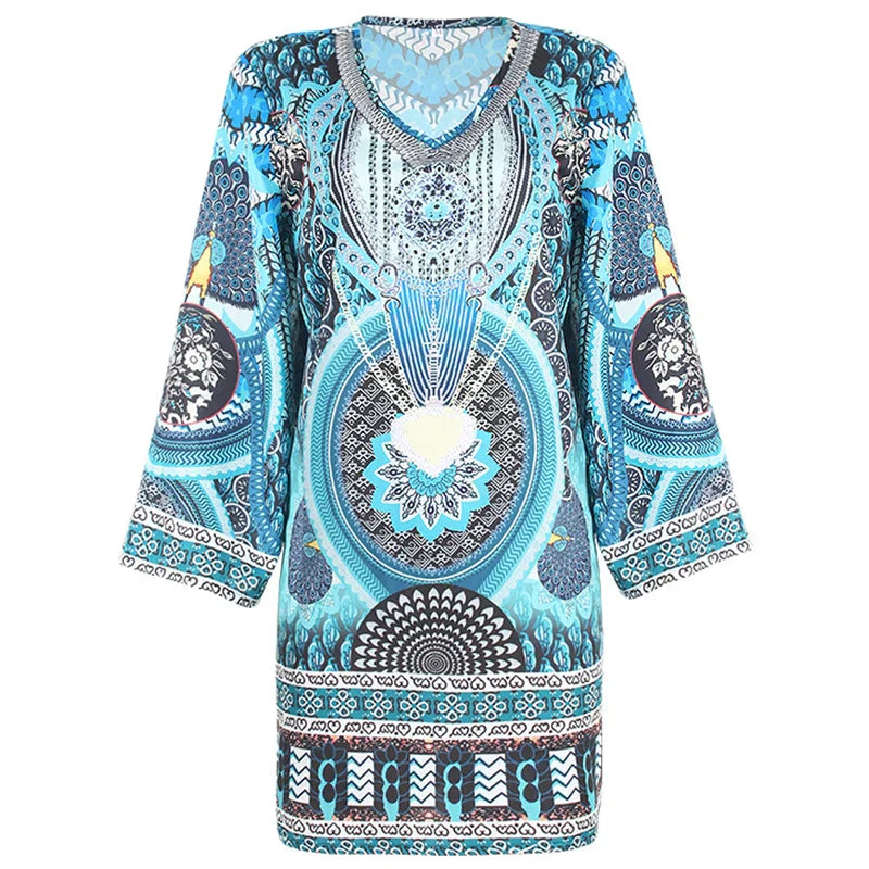 Blaues Boho-Kleid mit V-Ausschnitt und Muster - Yasmin