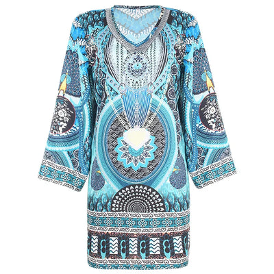 Blaues Boho-Kleid mit V-Ausschnitt und Muster - Yasmin
