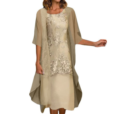 Blaues Kleid mit Spitzen-Details und Chiffon-Überwurf - Sophia