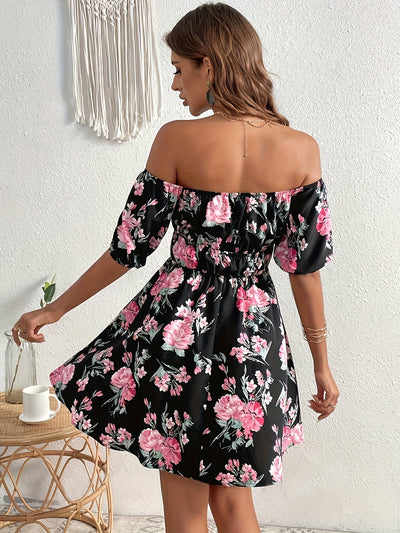 Schwarzes Off-Shoulder Blumenmuster Kleid - Sophie
