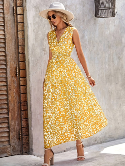 Gelbes Blumenkleid mit V-Ausschnitt - Emily