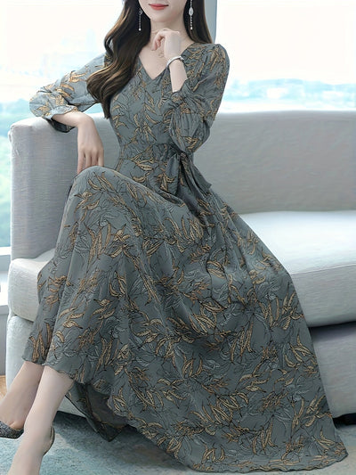 Langkleid Grau mit Blättermuster - Helena