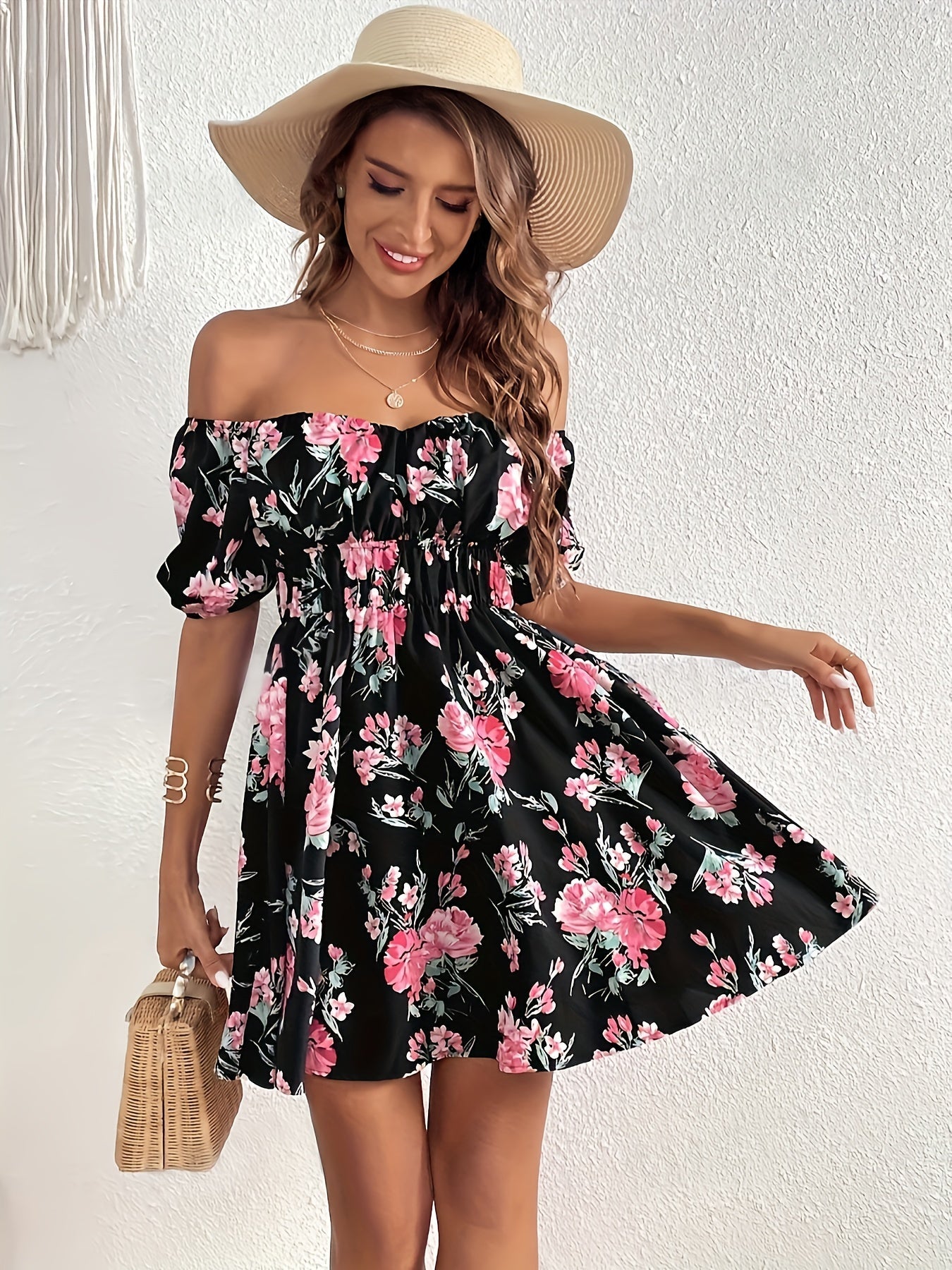 Schwarzes Off-Shoulder Blumenmuster Kleid - Sophie