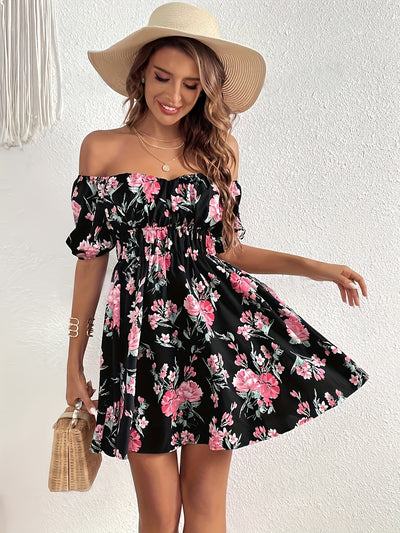 Schwarzes Off-Shoulder Blumenmuster Kleid - Sophie