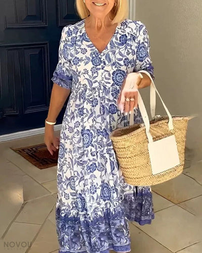 Luna - Elegantes Floral V-Ausschnitt Kleid