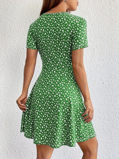 Schwarzes Blumenmuster-V-Ausschnitt-Kleid - Stella