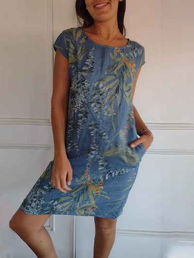 Aldorian™ – Damenkleid aus Baumwolle und Leinen mit Rundhalsausschnitt und Druck