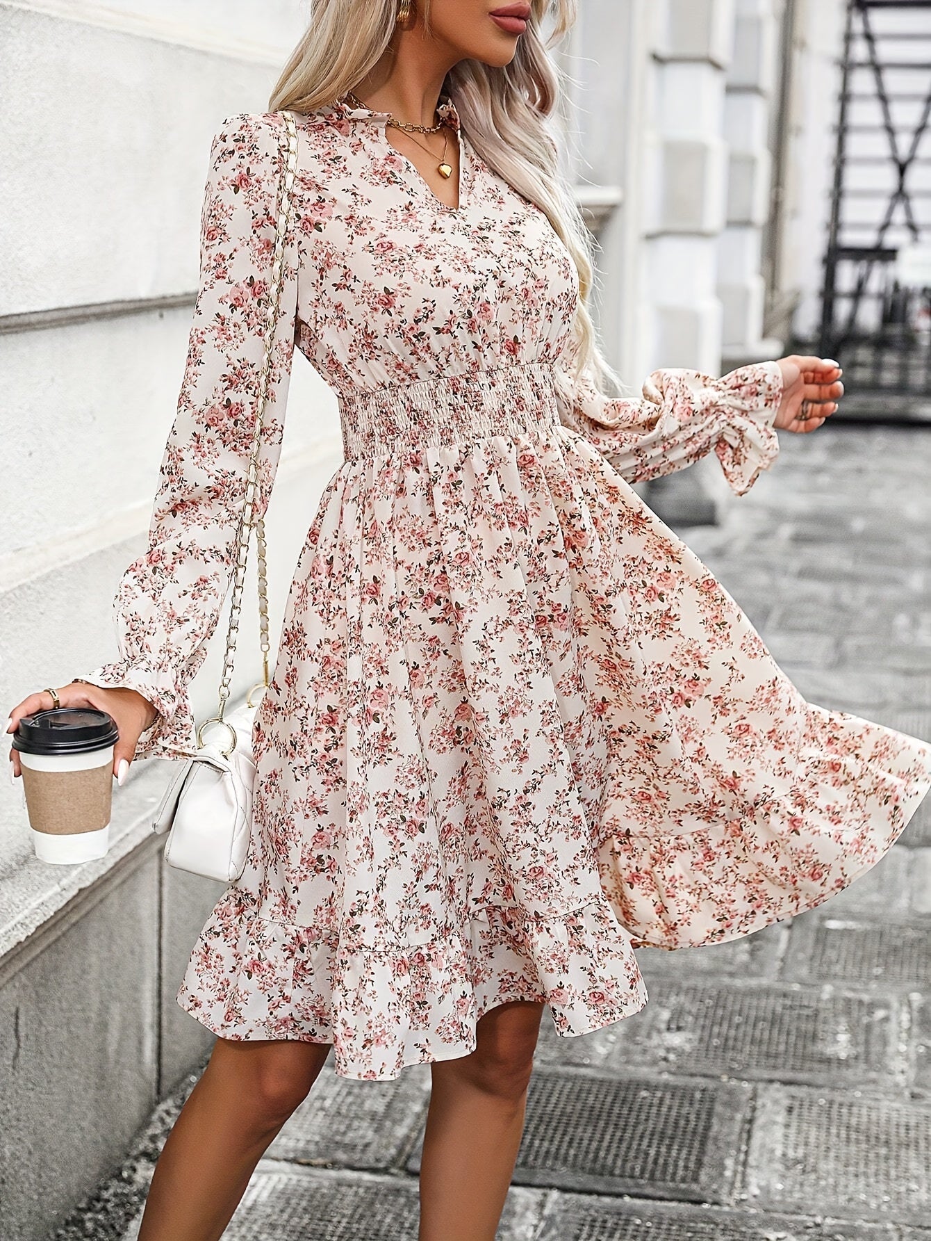 Apricot Blumenprint Kleid - Sophia