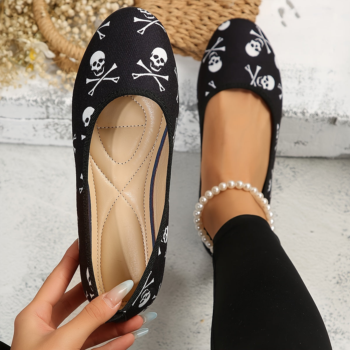 Damen Totenkopf Slip-On Schuhe – Bequeme Halloween Flache Schuhe