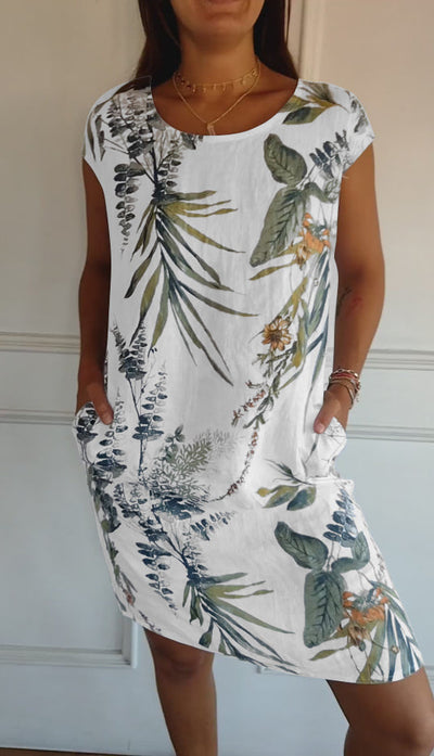 Aldorian™ – Damenkleid aus Baumwolle und Leinen mit Rundhalsausschnitt und Druck