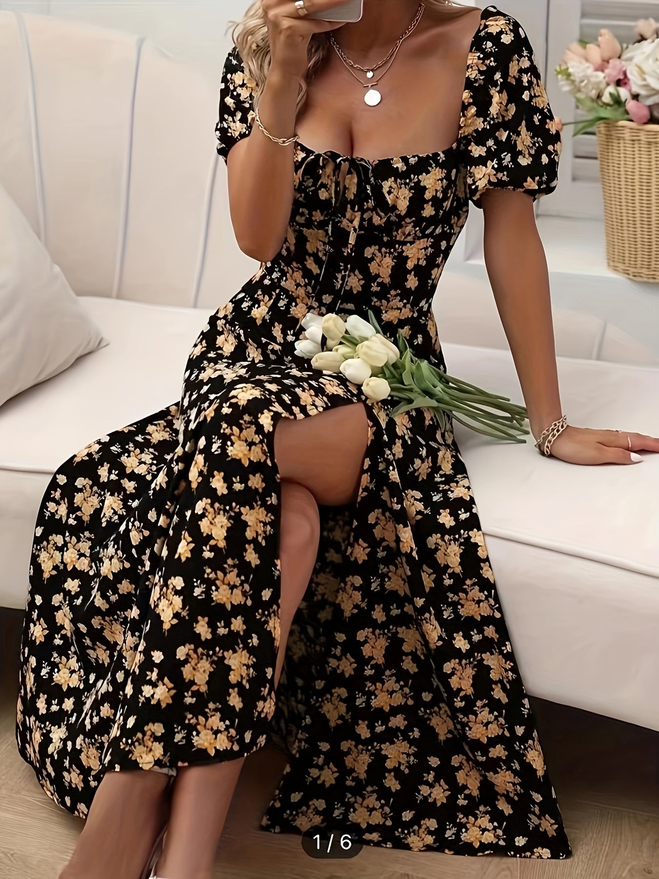 Schwarzes Blumen Sommerkleid - Sophia