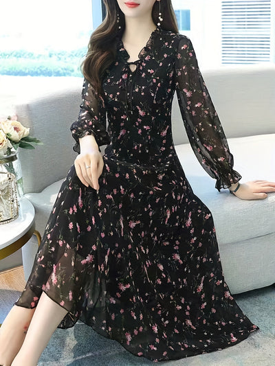 Schwarzes Ditsy Blumenmuster Laternenärmel Kleid - Helena