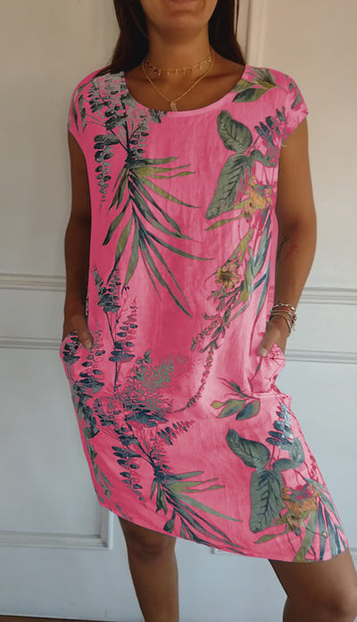 Aldorian™ – Damenkleid aus Baumwolle und Leinen mit Rundhalsausschnitt und Druck