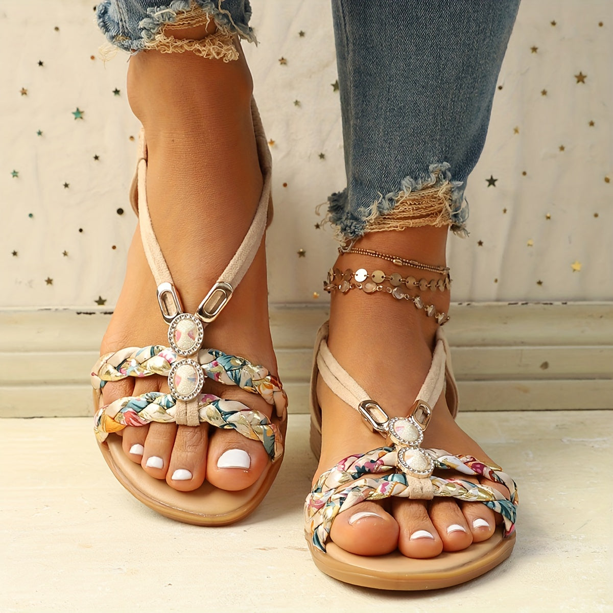 Aprikose Strass flache Sandalen - Clara