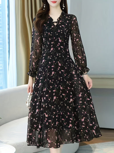 Schwarzes Ditsy Blumenmuster Laternenärmel Kleid - Helena