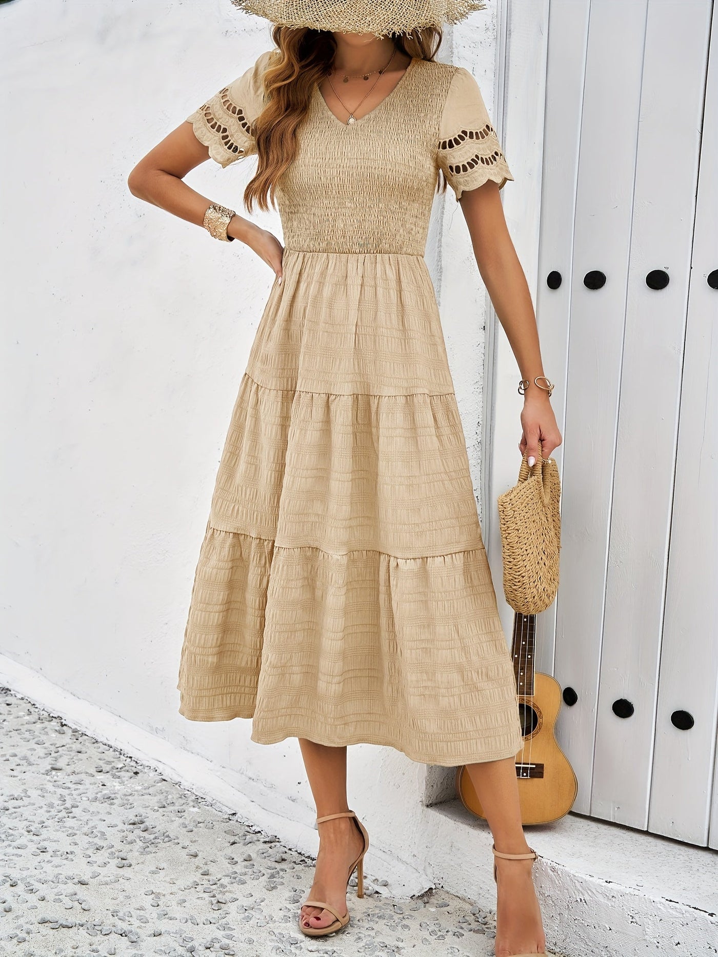 Orangenes Maxikleid mit Spitzenärmeln - Julia
