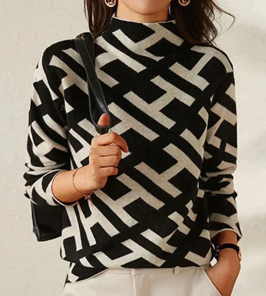 Stehkragen Pullover mit Vintage Druck und Streifen